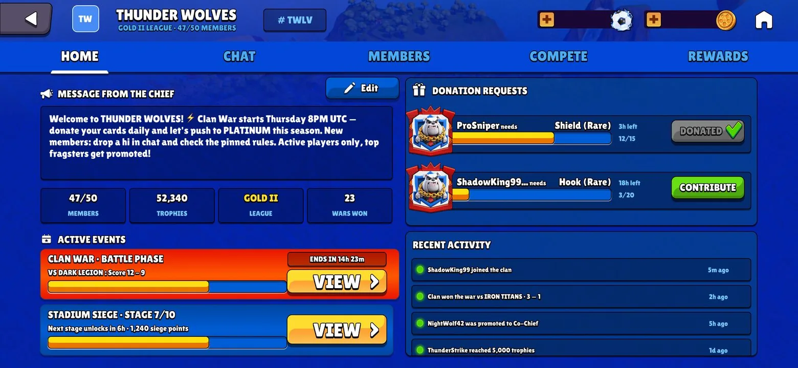 Clan 主页:团长留言、捐赠、活动。界面正在陆续上线。